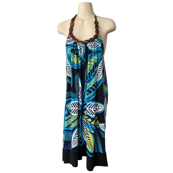 vtg Y2K Halter Midi Dress Hawaiian resort cruise wear beach Wooden Beads Sz XL - Picture 2 of 11